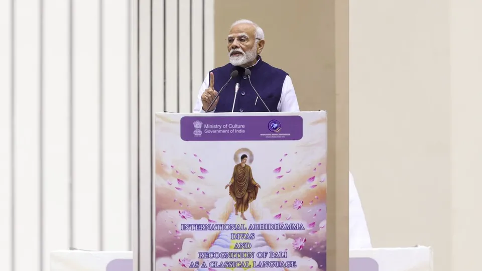 Prime Minister Narendra Modi addresses during the International Abhidhamma Divas programme, in New Delhi, Thursday, Oct. 17, 2024