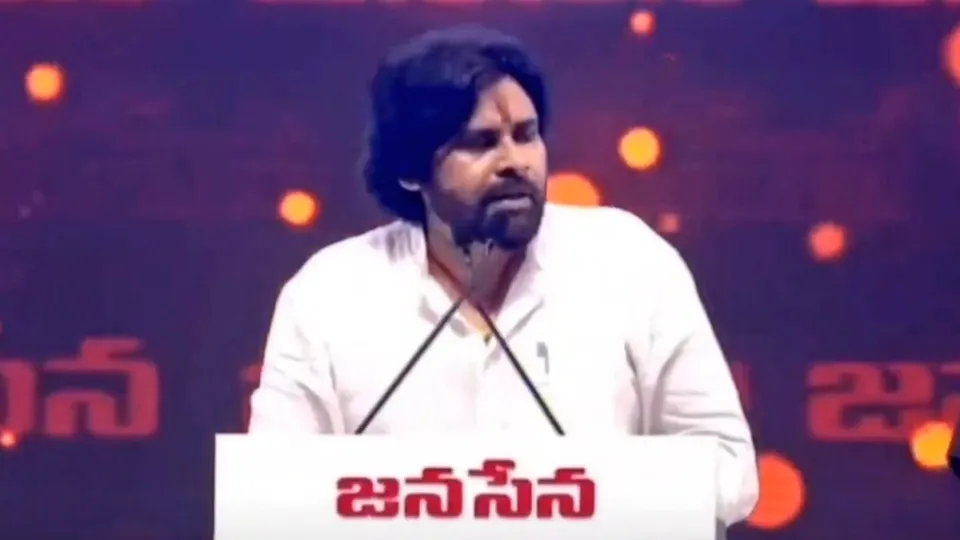Pawan Kalyan addresses party workers on the 11th foundation day of his Jana Sena party on Friday, March 14, 2025.