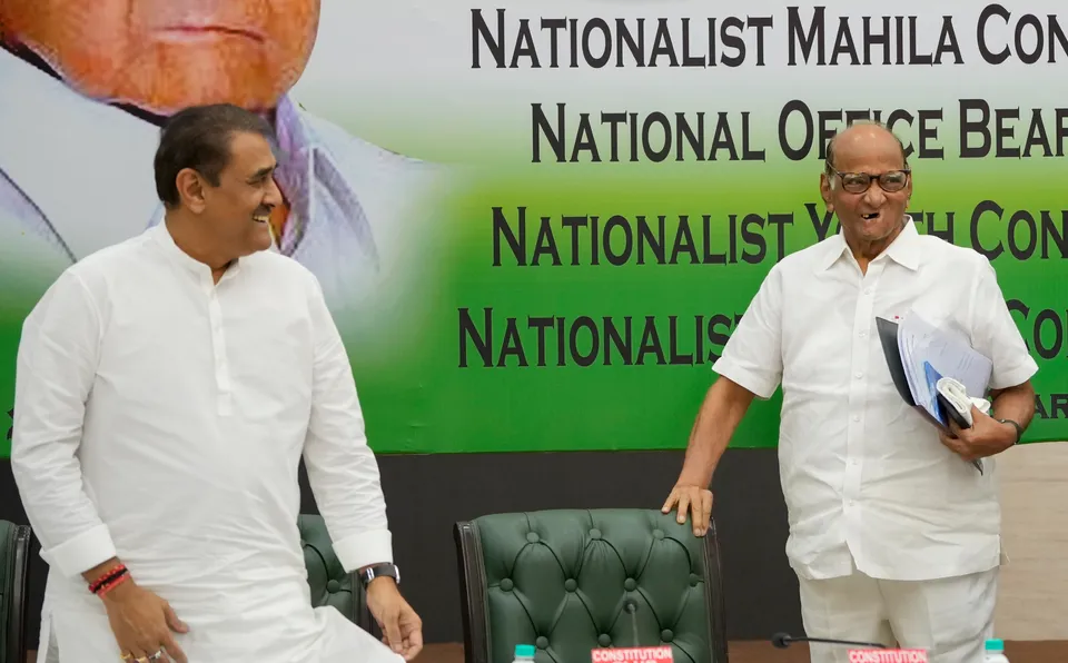 Nationalist Congress Party (NCP) President Sharad Pawar with senior leader Praful Patel during party office bearers' meet, in New Delhi, Wednesday, June 28, 2023