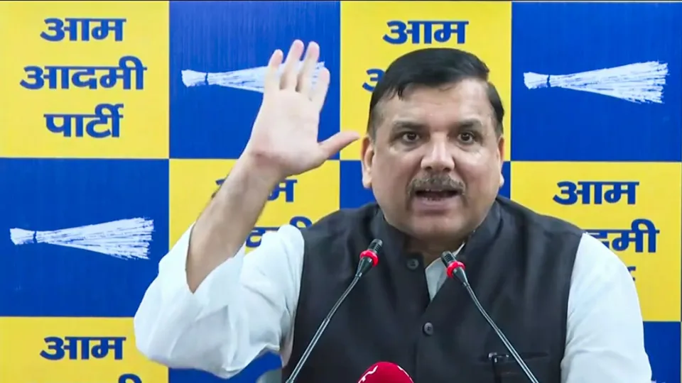 AAP leader Sanjay Singh addresses a press conference, in New Delhi, Wednesday, Sept. 18, 2024.