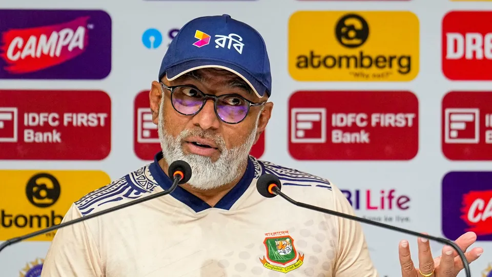 Bangladesh cricket coach Chandika Hathurusingha addresses the media during a traing session ahead of the first Test cricket match between India and Bangladesh, at M. A. Chidambaram Stadium, in Chennai, Tuesday, Sept. 17, 2024.