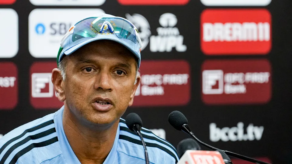 Indian cricket team head coach Rahul Dravid addresses a press conference, a day before the first ODI match between India and Australia, in Mohali