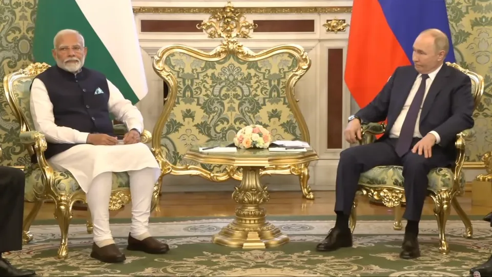 Prime Minister Narendra Modi and Russian President Vladimir Putin during a meeting, in Moscow, Tuesday, July 9, 2024.