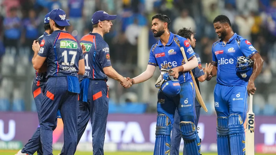 Lucknow Super Giants and Mumbai Indians players greet each other at the end of their IPL 2024 cricket match, at Wankhede Stadium in Mumbai, Friday, May 17, 2024. Lucknow won by 18 runs.