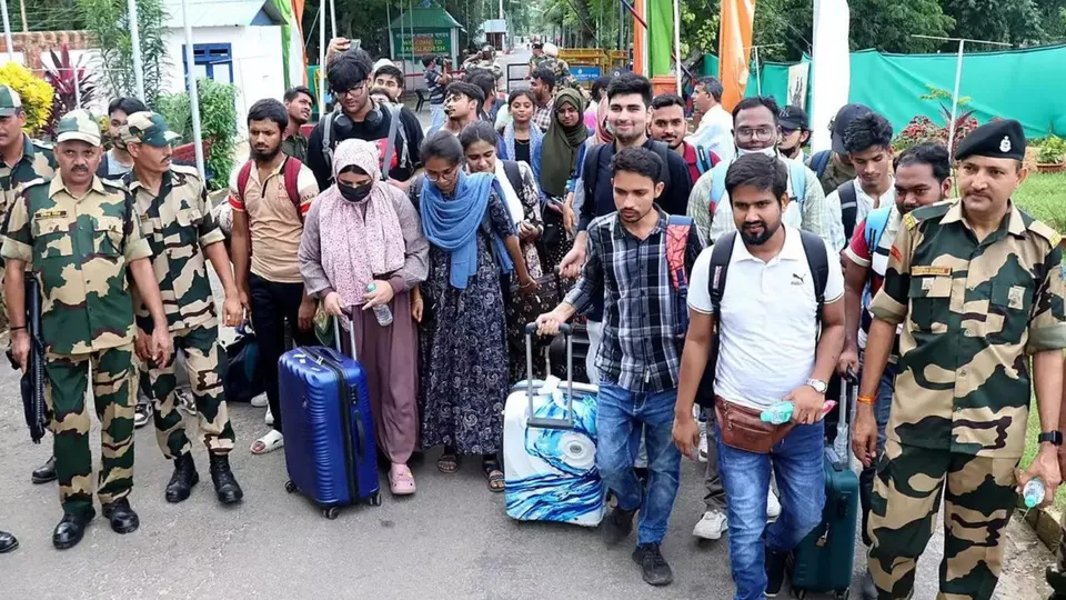 Students, who are studying in Bangladesh, upon their arrival following protest against the government job quota, at the Akhura Check post, in Agartala, Saturday, July 20, 2024.