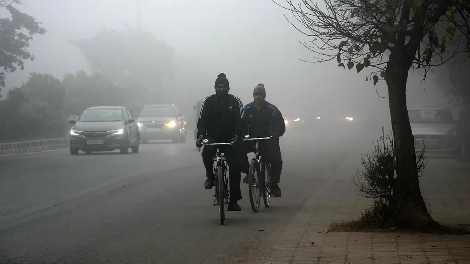 Vehicles move on a road amid low visibility due to a thick layer of fog, in New Delhi