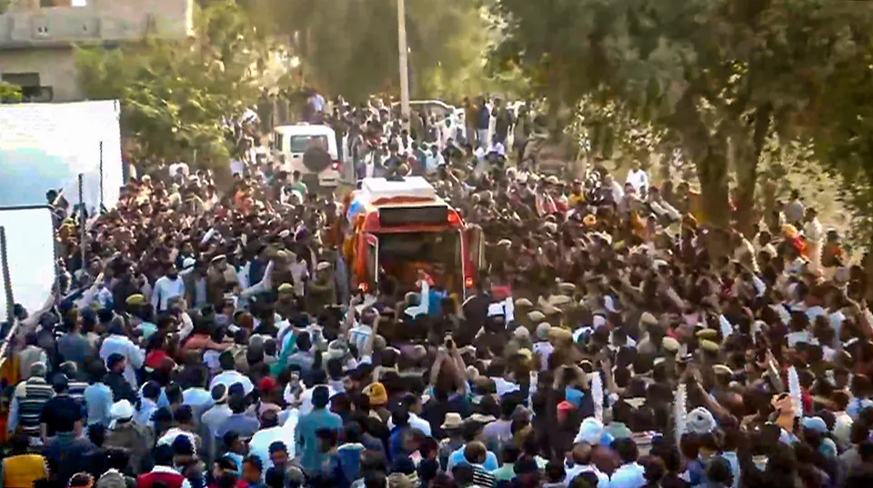 Mortal remains of Shri Rashtriya Rajput Karni Sena president Sukhdev Singh Gogamedi reach his native village for his last rites, in Hanumangarh district, Rajasthan, Thursday, Dec. 7, 2023.