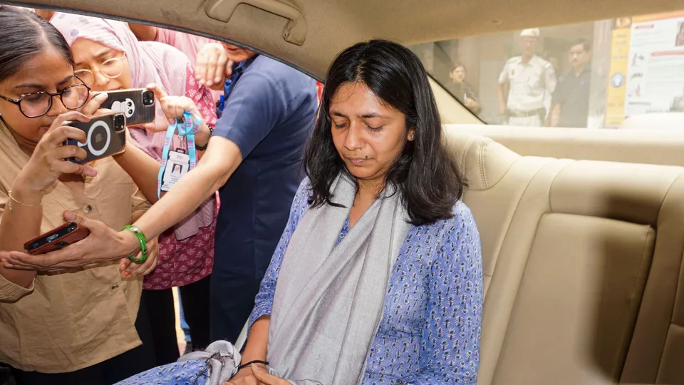 AAP Rajya Sabha MP Swati Maliwal at the Tis Hazari Court after she recorded her statement on the alleged assault by Delhi Chief Minister Arvind Kejriwal's aide Bibhav Kumar, in New Delhi, Friday, May 17, 2024