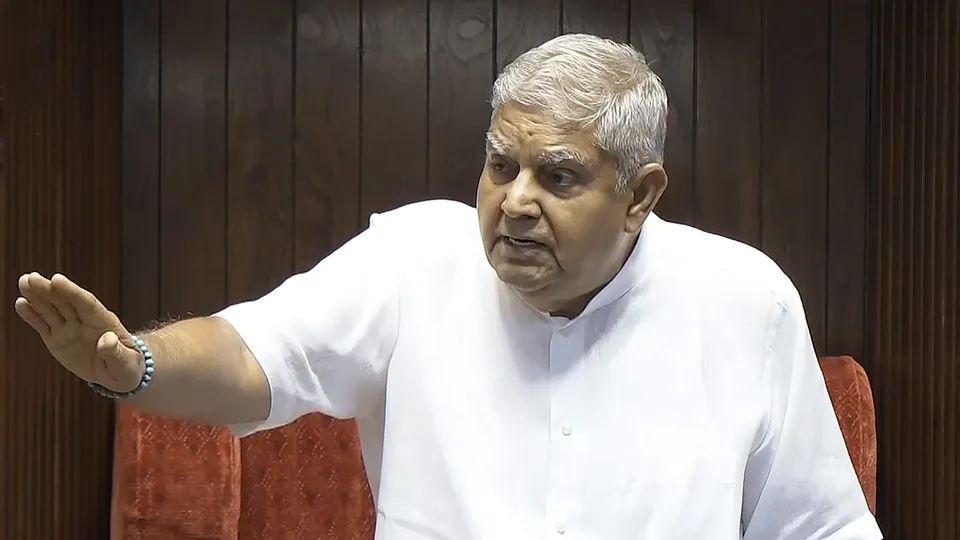 Rajya Sabha Chairman Jagdeep Dhankhar conducts proceedings of the House during the Monsoon session of Parliament, in New Delhi, Friday, July 26, 2024.