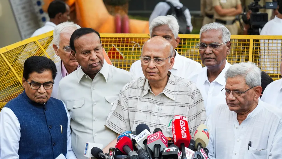 Congress leader Abhishek Manu Singhvi with INDIA parties leaders addresses a press conference after a meeting with the Election Commission of India, in New Delhi, Sunday, June 2, 2024.