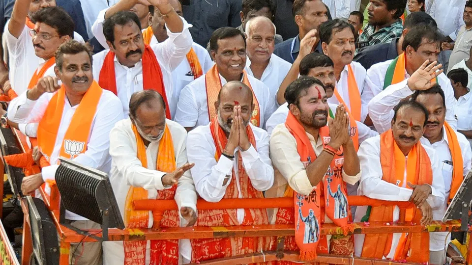 Union Minister of Coal & Mines G Kishan Reddy, Minister of State for Home Affairs Bandi Sanjay Kumar with Mallajgiri MP Eatala Rajendar and others during a welcome ceremony at the Begumpet Airport, in Hyderabad, Thursday, June 20, 2024.