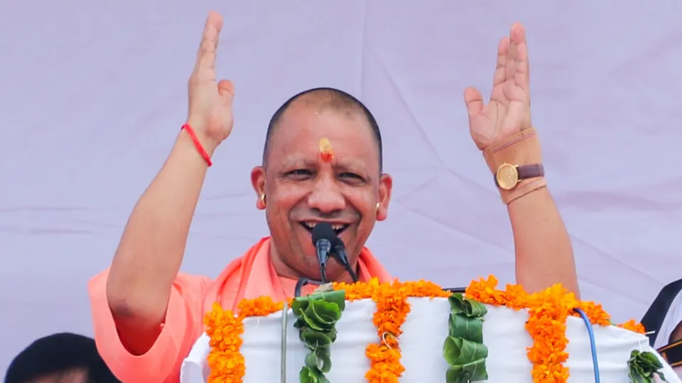 Uttar Pradesh Chief Minister Yogi Adityanath addresses the gathering at Shri Krishna Janmasthan Temple on the occasion of the Janmashtami festival, in Mathura, Monday, Aug. 26, 2024.