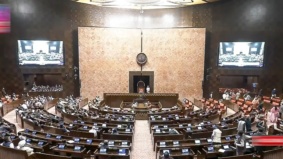 Opposition MPs stage walkout from the Rajya Sabha as Union Home Minister Amit Shah speaks during the Winter session of Parliament, in New Delhi, Monday, Dec. 11, 2023.