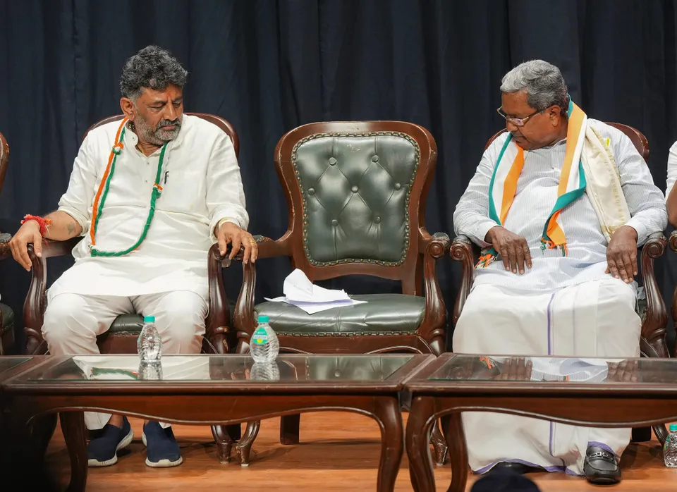 Former Karnataka CM Siddaramaiah and Karnataka Congress President D.K. Shivakumar during celebrations after the party's win in Karnataka Assembly elections, in Bengaluru