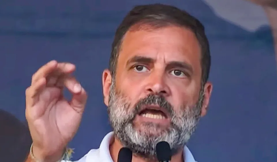 Congress leader Rahul Gandhi speaks at a public meeting during the 'Bharat Jodo Nyay Yatra'