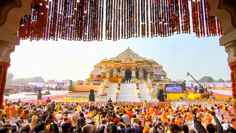 Dignitaries at the Ram Mandir during the 'Pran Pratishtha' ceremony, in Ayodhya