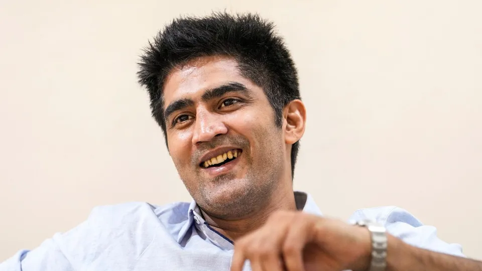 Boxer and BJP leader Vijender Singh speaks during an interview with PTI, in New Delhi, Thursday, July 25, 2024.