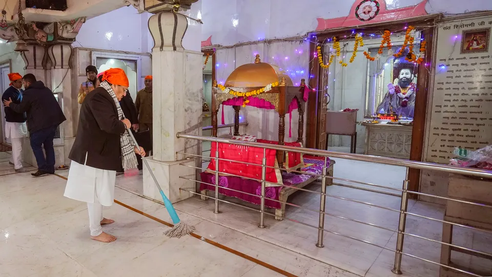 BJP National President JP Nadda during a cleanliness drive at Guru Ravidas Mandir ahead of the Pran Pratishtha of Ram Lala, in New Delhi