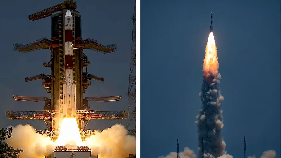  combination of pictures shows the launch of India's first solar mission 'Aditya-L1', at Satish Dhawan Space Centre, in Sriharikota