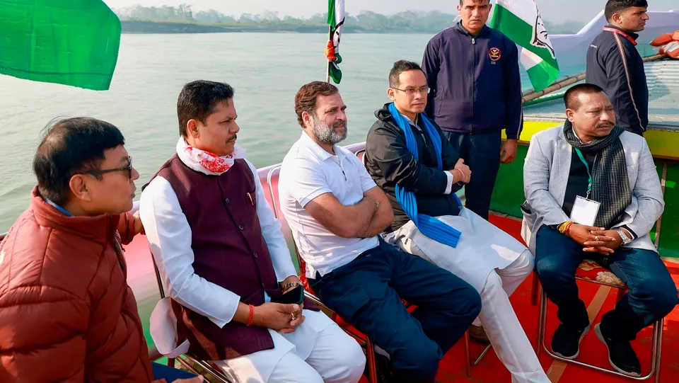 Congress leader Rahul Gandhi with party leaders and supporters on a boat during the 'Bharat Jodo Nyay Yatra' in Majuli, Assam