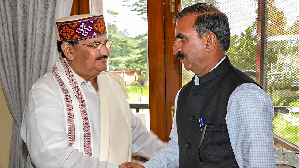 BJP National President JP Nadda with Himachal Pradesh CM Sukhvinder Singh Sukhu during a meeting over damages by the recent natural disasters in the state, in Shimla, Sunday, Aug 20, 2023.