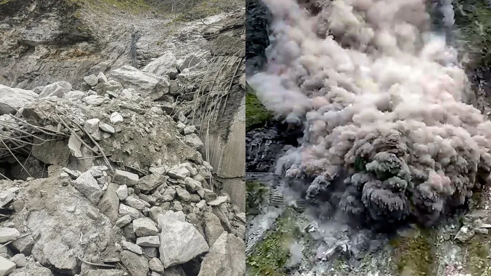 The Badrinath National highway blocked due to debris after a landslide, in Chamoli, Wednesday, July 10, 2024.