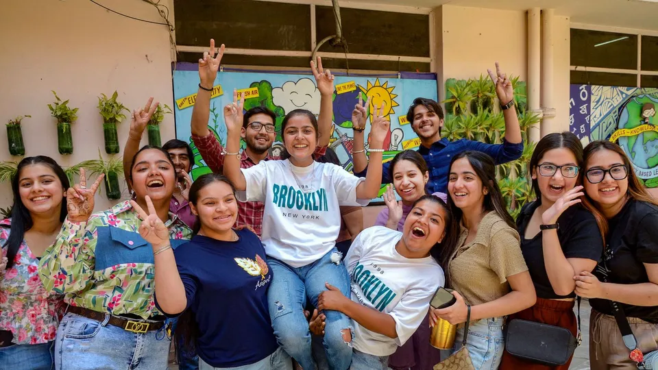 Students celebrate after the announcement of class 12th board exam results by the Central Board of Secondary Education (CBSE), in Amritsar, Monday, May 13, 2024