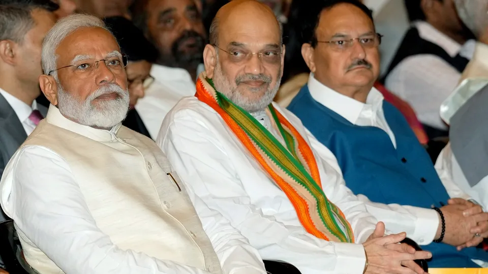 Prime Minister Narendra Modi with Union Home Minister Amit Shah during a ceremony for presentation of Bharat Ratna, at Rashtrapati Bhavan, in New Delhi, Saturday, March 30, 2024