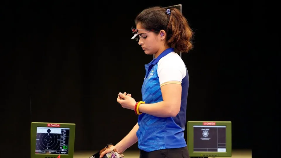 India's Manu Bhaker during the 25m Pistol Women's Final event at the 2024 Summer Olympics, in Chateauroux, France, Saturday, Aug. 3, 2024