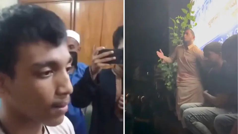 (Left) Utsob Mandal inside a police station; (Right) Islamists celebrating his killing