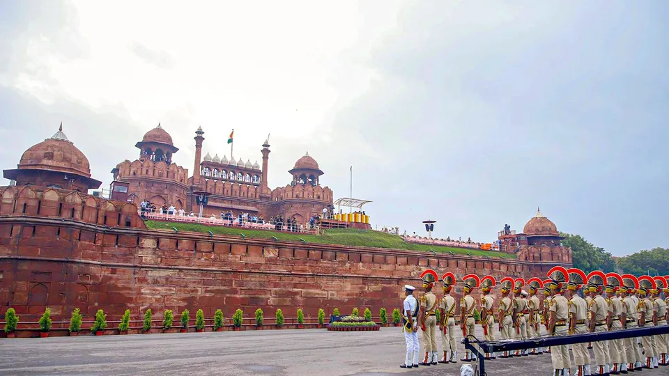 Indian Armed Forces personnel during full dress rehearsal for the 78th Independence Day celebrations at Red Fort, in New Delhi, Tuesday, Aug. 13, 2024.