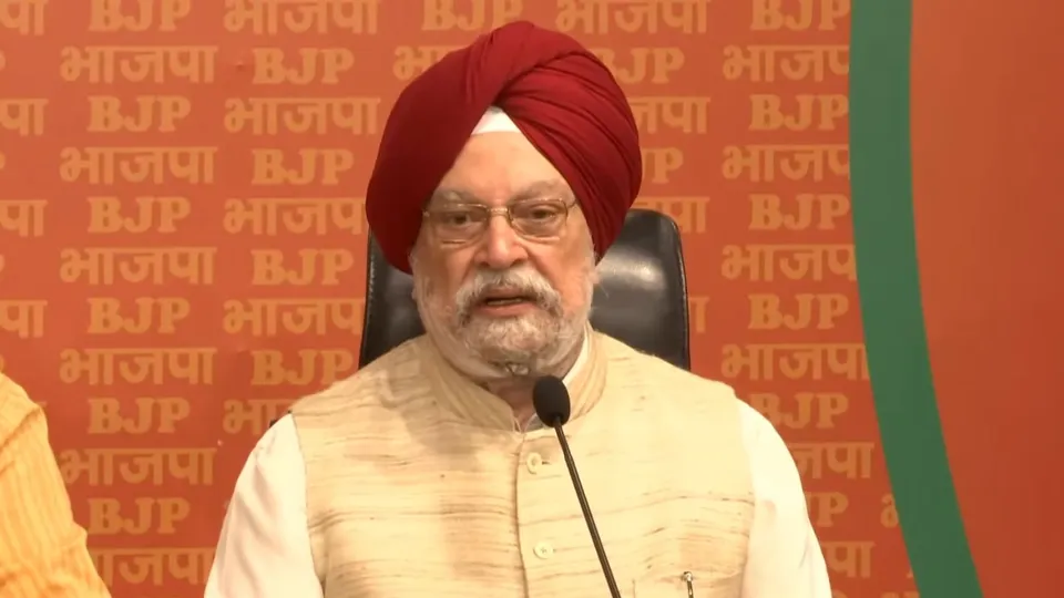 Union minister Hardeep Singh Puri holds a press conference at the BJP headquarters, in New Delhi