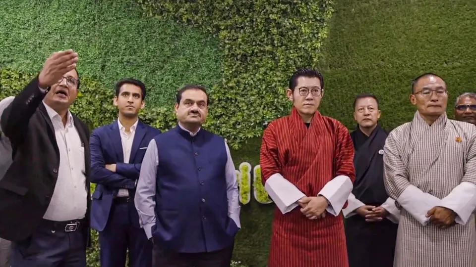 Adani Group Chairman Gautam Adani with Bhutan's king Jigme Khesar Namgyel Wangchuck, Prime Minister Dasho Tshering Tobgay during a visit to the Group's industrial project sites at Mundra and Khavda.