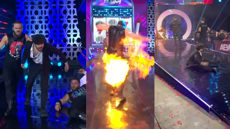 WATCH: Tony Khan falls down the ramp as the Elite use fire extinguishers to counter Darby Allin's flamethrower