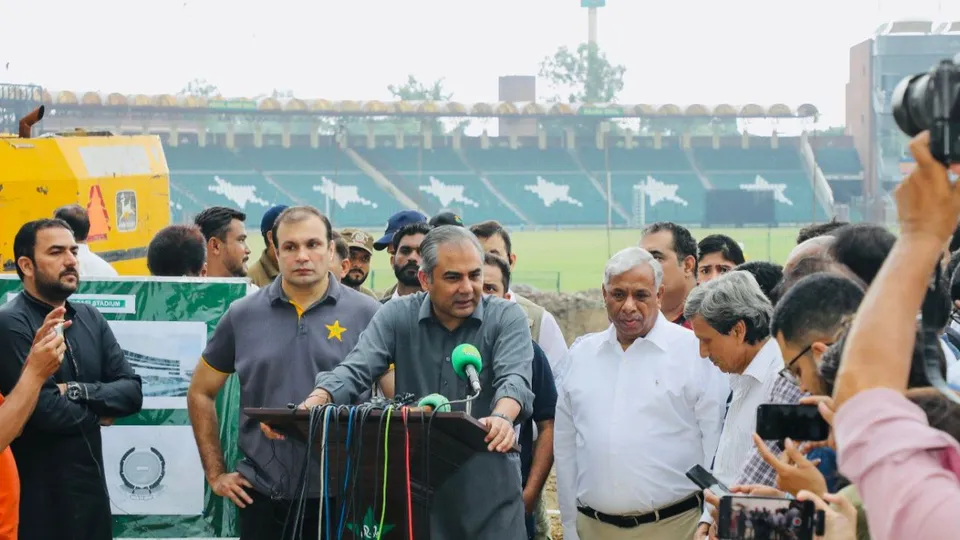 PCB chief Mohsin Naqvi during during his visit to Gaddafi Stadium in Lahore (Source: X)