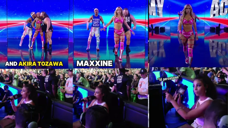 WATCH: Samantha Irvin reacts as Tozawa and Otis kiss Maxxine Dupri on WWE Raw