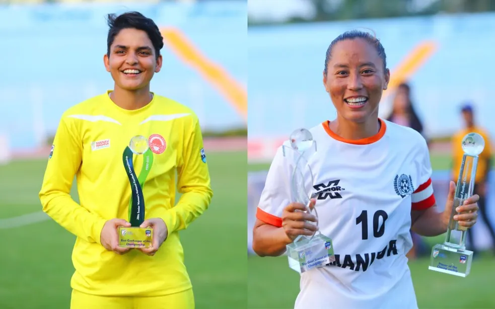 Shreya Hooda and Bala Devi with their individual awards in the  Senior Women’s National Football Championship - sportzpoint.com